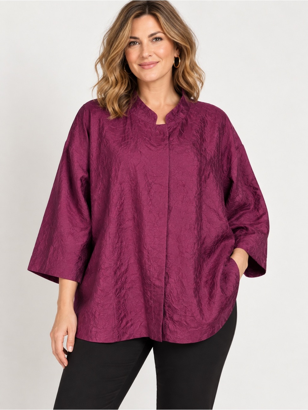 Eileen Fisher System Purple Textured 100% Silk Button Front Top Plus Size 3X